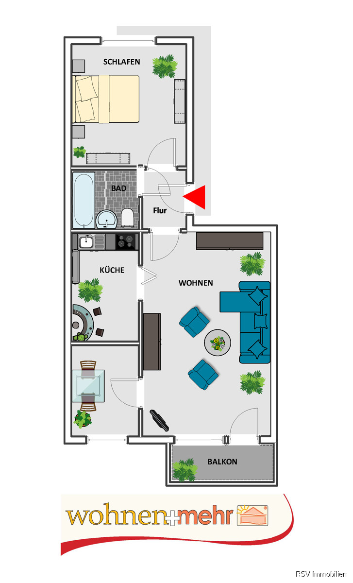 Wohnfl�che 54,78 qm, 2,5 Zi. Etagenwohnung Magdeburg